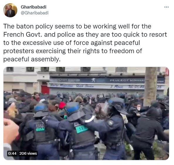 انتقاد غریب‌آبادی از برخورد خشونت‌آمیز پلیس فرانسه با معترضان مسالمت‌آمیز