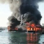 حریق در یک کشتی در بندر الوکره قطر